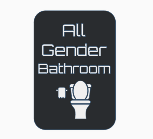A 3D rendering is shown of a sign that reads "All Gender Bathroom." An icon of a toilet and toilet paper is under the text. The text and icon are white and the sign background is black. The background of the image is white.